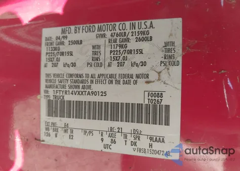 1999 Ford Ranger Xl/Xlt из США, поврежденный, VIN 1FTYR14VXXTA90125